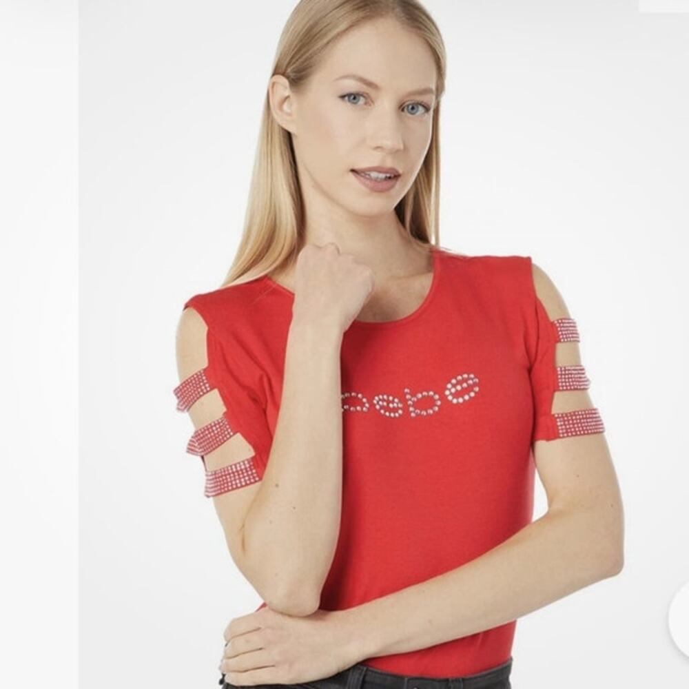 Bebe Women's Crystal Logo Cut Out Short Sleeve Tee Red Size L
